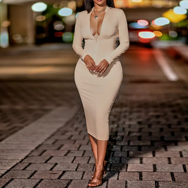 

Женское осенне-зимнее платье LIYONG, однотонное сексуальное облегающее платье средней длины с V-образным вырезом и длинным рукавом, элегантное...