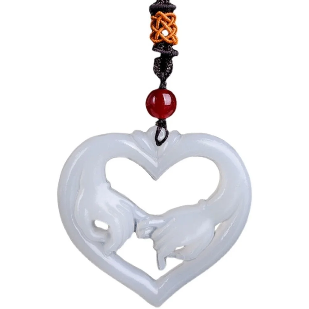 

Natural White Jade Hand Heart Necklace Couple Pendant Simple Necklace