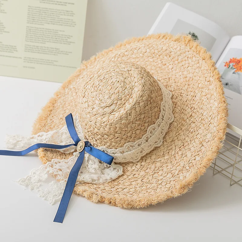 

2022 Handmade Raffia Women Straw Sun Hat Large Wide Brim Gilrs High Quality Natural Raffia Panama Beach Straw Sun Caps Sun Visor