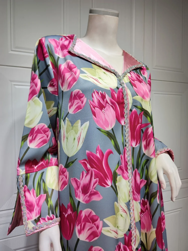 Sweet Tulip Print Long Dress for Women Chic Twists Rhinestone Lapel Long Sleeve Muslim Abaya Moroccan Jalabiya Eid 2023