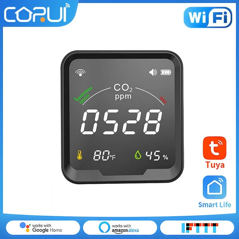 

CORUI Tuya WiFi Air Quality Monitor Detector Indoor Temperature Humidity Sensor With CO2 PPM Levels Screen Display Alarm Device