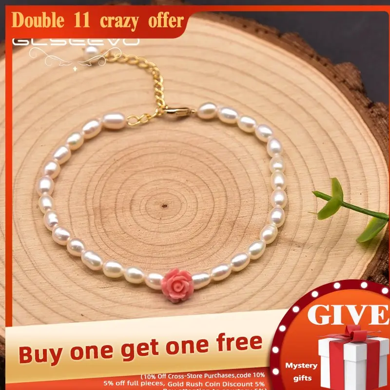 

GLSEEVO Freshwater Pearl Coral Pink Embossed Set Brass 18k Gold Plated Bracelet Women Fashion Exquisite Gift Jewelry GB0970
