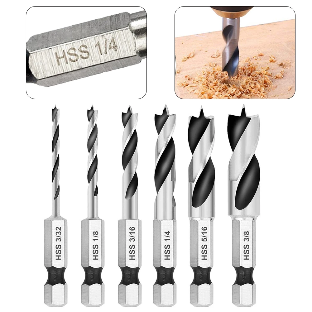 

6.35mm Quick Change Hex Shank 3-Point Stubby Drill Bit Set For Woodworking 3/32" 1/8" 3/16" 1/4" 5/16" 3/8"