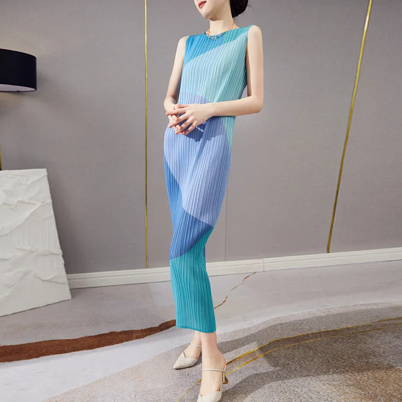 Summer Dress For Women 45-75kg 2022 New Round Neck Sleeveless Printed Elastic Slimming Miyake Pleated Tank Dresses Ankle Length