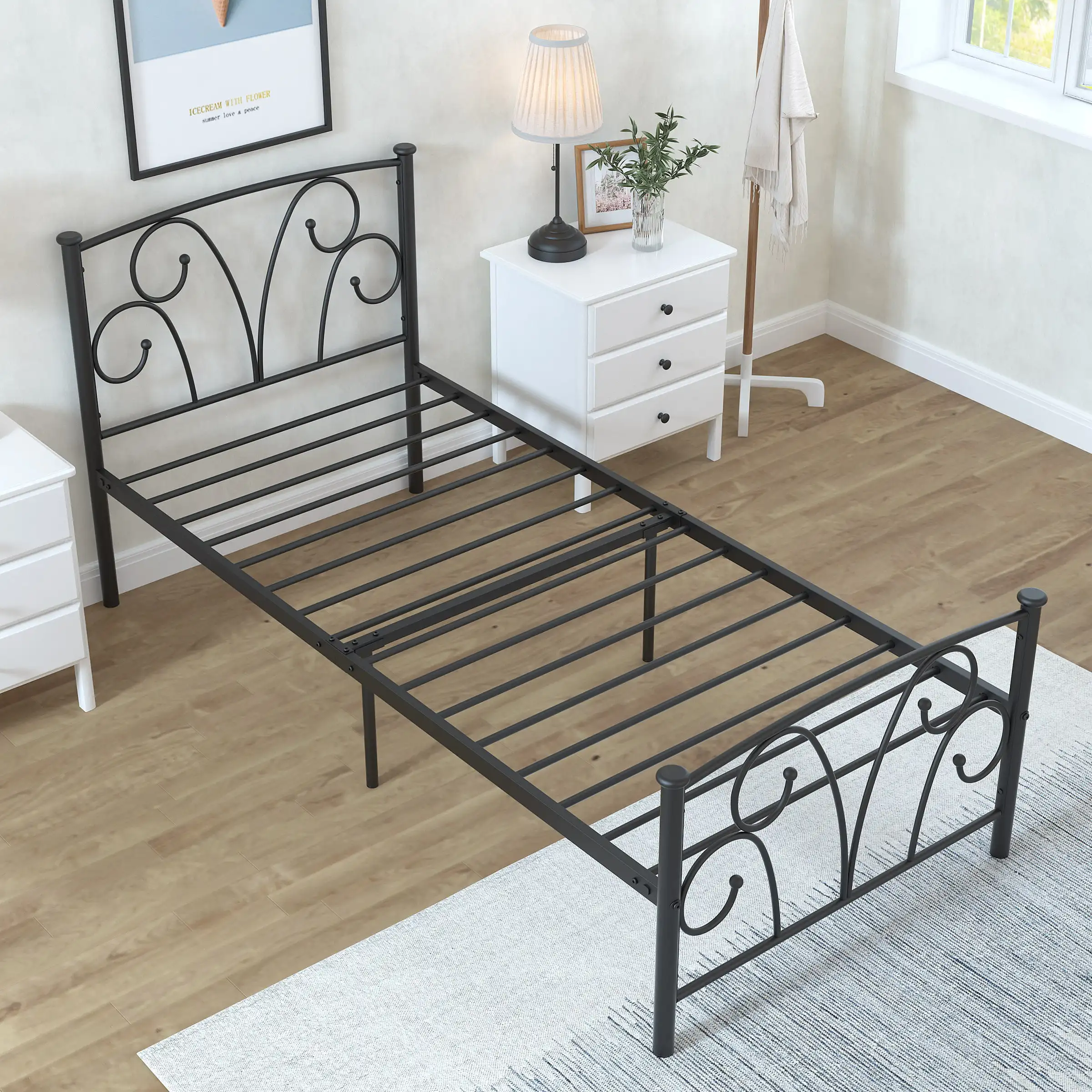 

Heavy Duty Twin Metal Platform Bed Frame with Headboard for Bedroom Furniture, Black
