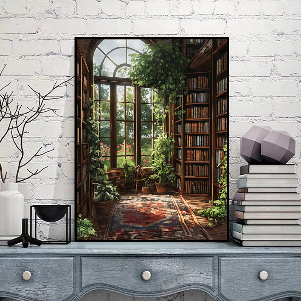 Викторианская винтажная теплица библиотека девушка литература растения постер