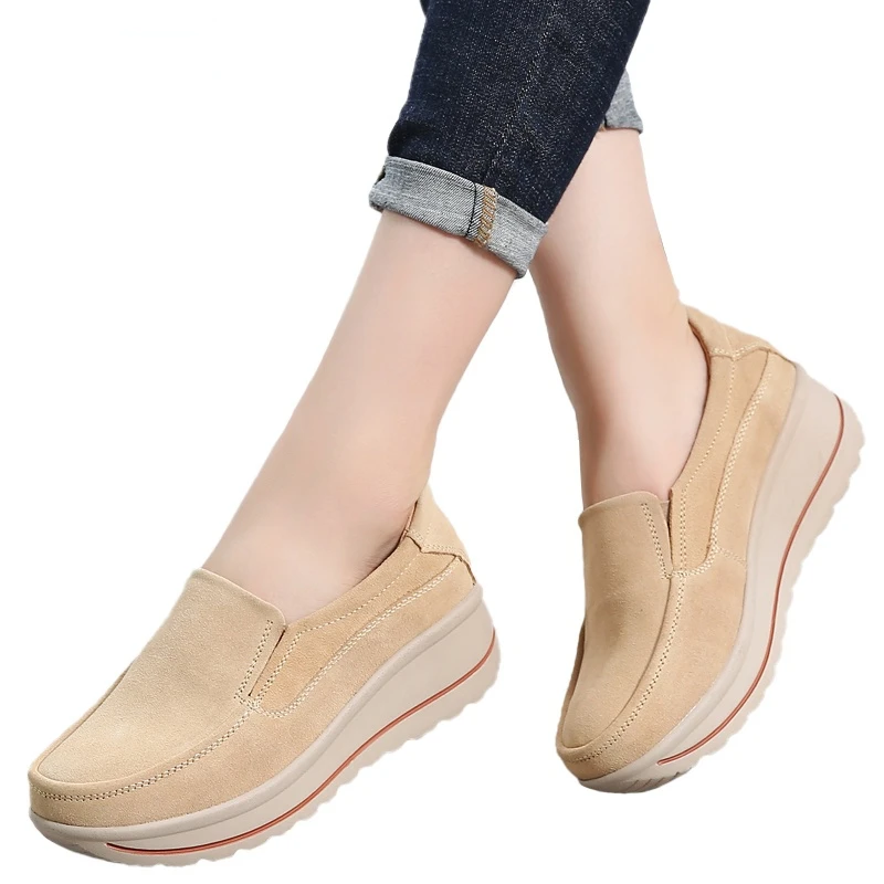 

Spring Autumn Women Flats Shoes Platform Genuine Leather Black Slip On Moccasins Female Suede Lady Loafers