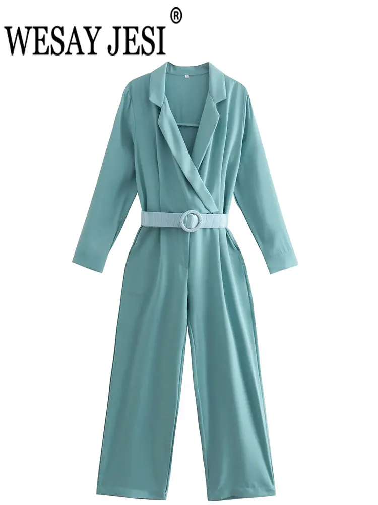 

WESAY JESI Fashion Commuter Women Clothes Jumpsuit Lapel V Neck Cuff Button Belt Slim Pants Temperament Solid Office Trousers
