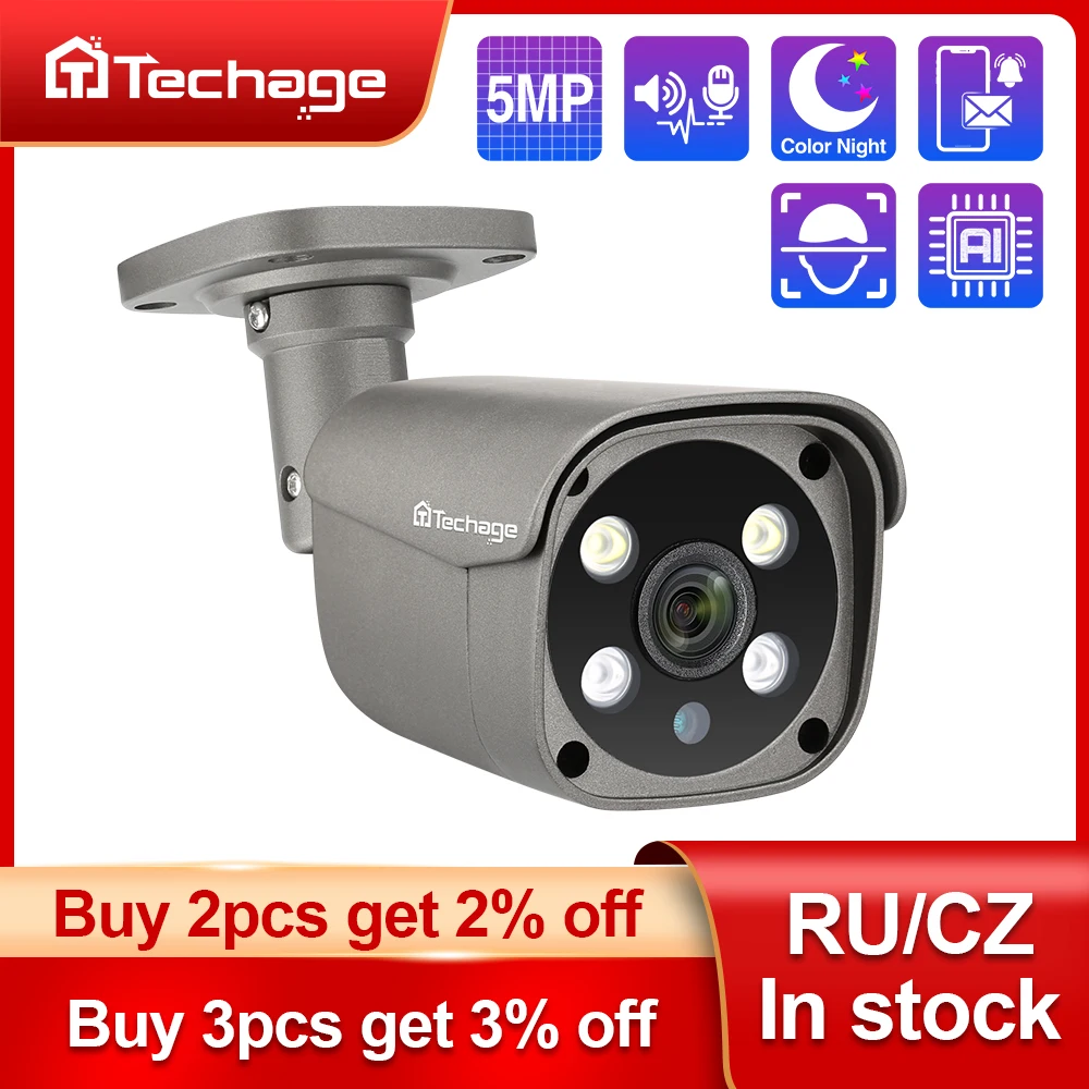 

IP-камера Techage H.265 5 Мп с датчиком присутствия, наружная камера наблюдения с двухсторонним аудио и ИИ IP для системы видеорегистратора