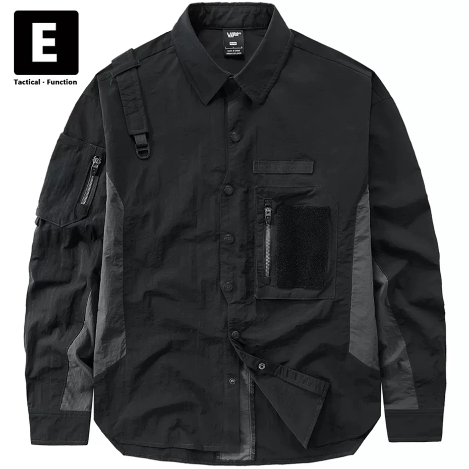 Black Techwear Cargo Shirt Men Spring Autumn Long Sleeve Shirts Jackets Patchwork Shirt Streetwear Male