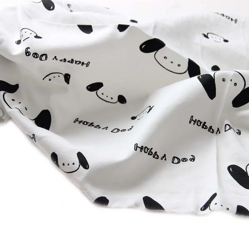 

100% Cotton White Cartoon Black Happy Dog Fine Comfortable Fabrics for Summer Clothes Blouse Skirt Shirt Dress Craft Quilt Decor
