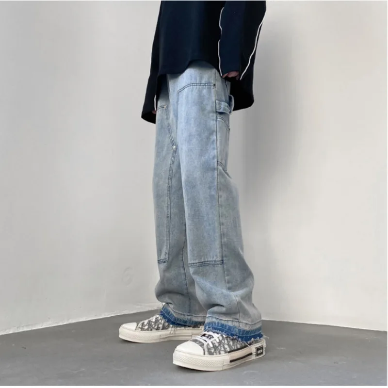 Cotton Blue Black Baggy Jeans Men Fashion Retro Wide Leg Jeans Mens Streetwear Loose Hip Hop Straight Cargo Denim Pants Men