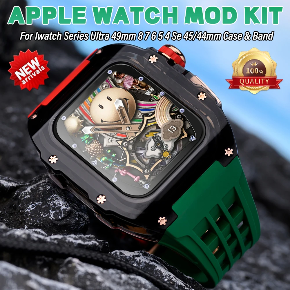 Luxury Glacier Modification Kit For Apple Watch Band Ultra 49mm Transparent Case For iWatch 8 7 6 5 4 SE 45mm 44mm Rubber Strap