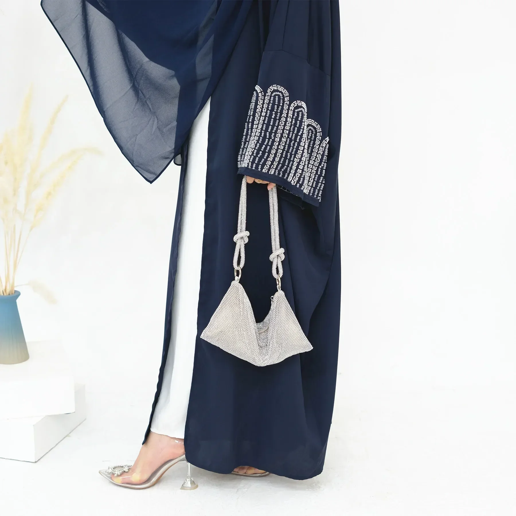 Синяя открытая абая из бисера для женщин Дубай роскошное мусульманское кимоно