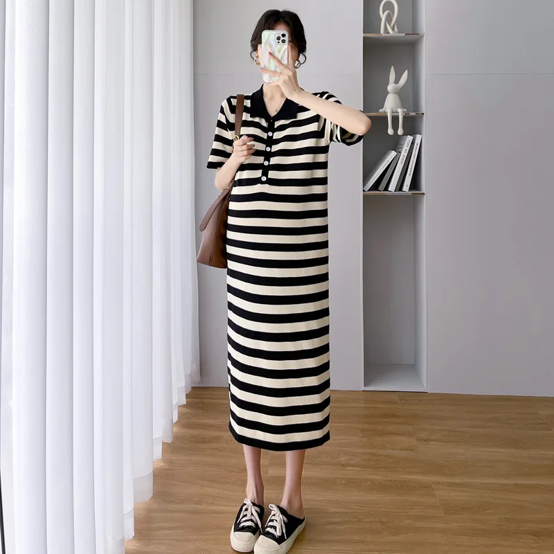 

Knitted Long Skirt for Women Simple Black & White Striped T-shirt Summer New 2022 Pregnancy Dress Breastfeeding Fashion Clothes