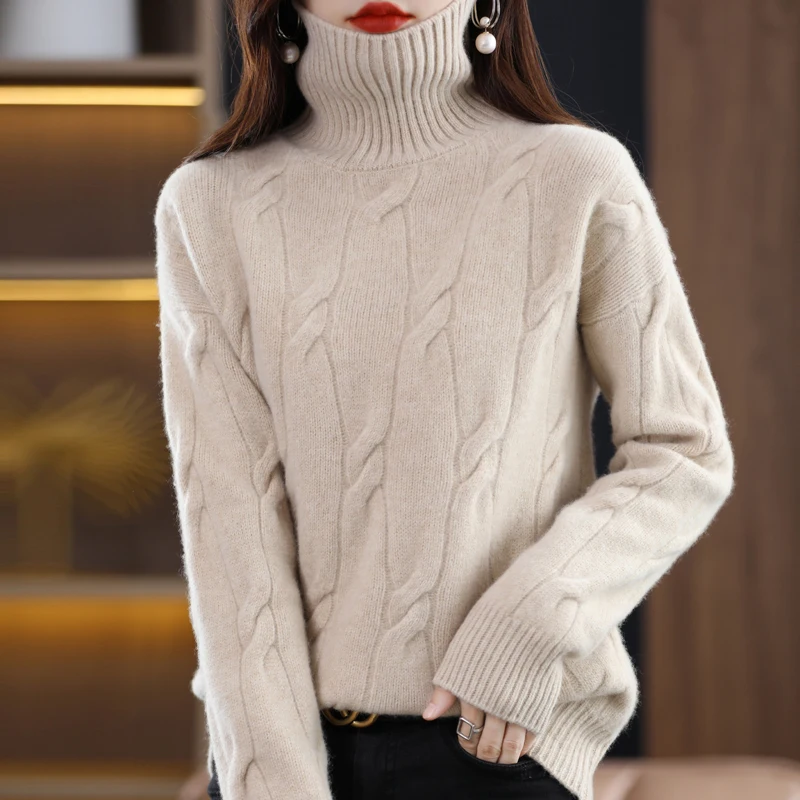 Half Turtleneck Woolen Sweater Women 100% Pure Wool Knitted Autumn Winter Thickened Inside With Pullover Twist Cashmere Sweater