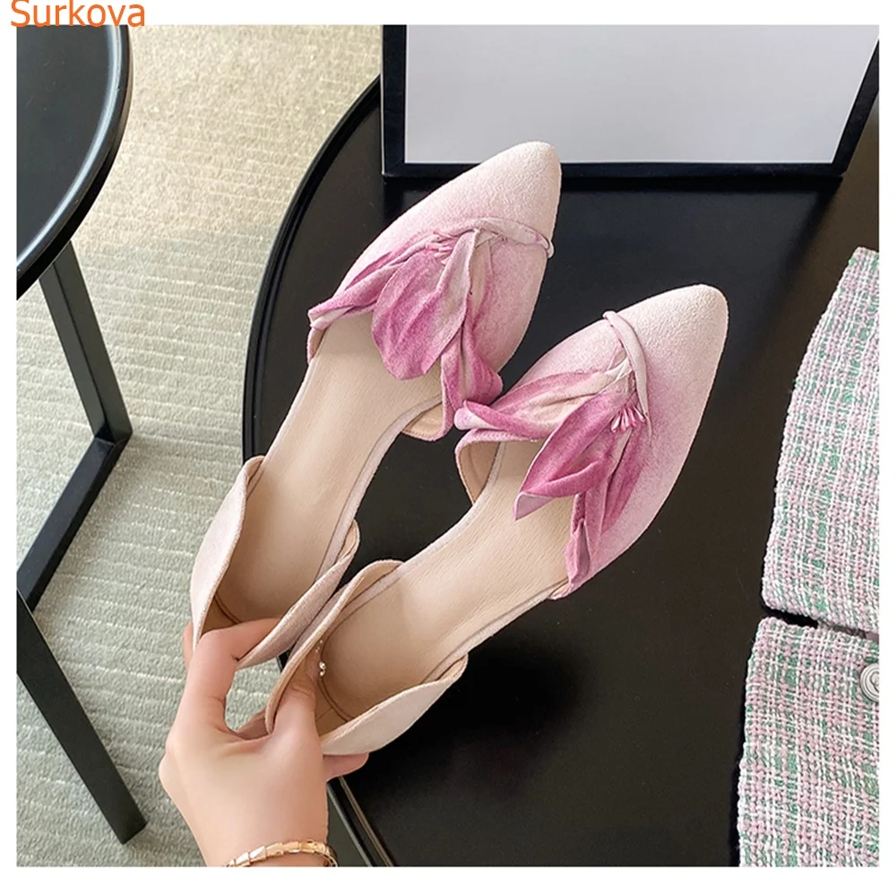 Pointed Toe Hollow Petals Women Sandals Genuine Leather Handmade Flat All-match Fashion Casual  Career 2023 Newest Women Shoes