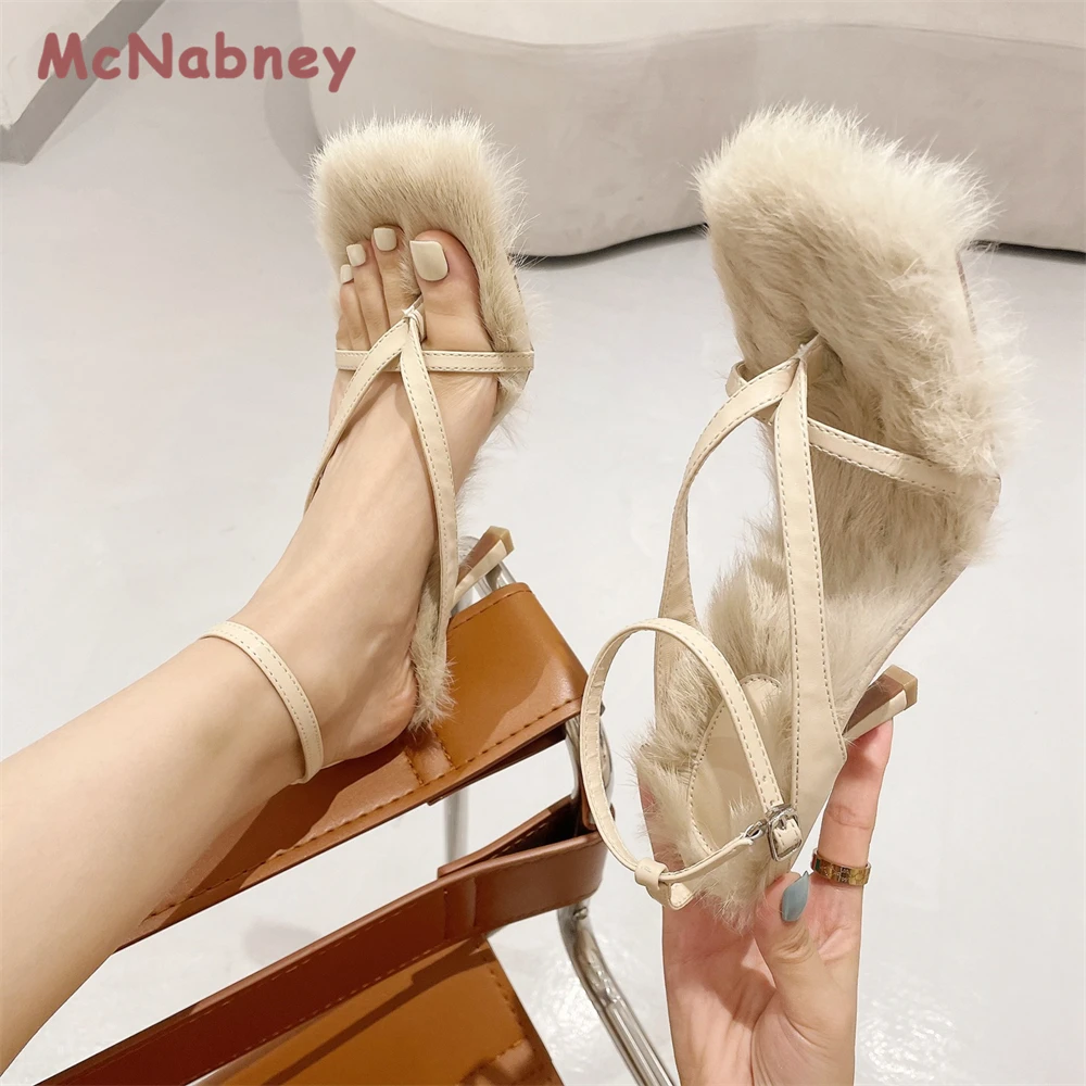 Summer Thin Heel Sandals Women Square Toe Fur Flip Sandals Wedding Dress Shoes Fashion Buckle Strap Stiletto Heels Peep Toe Sexy