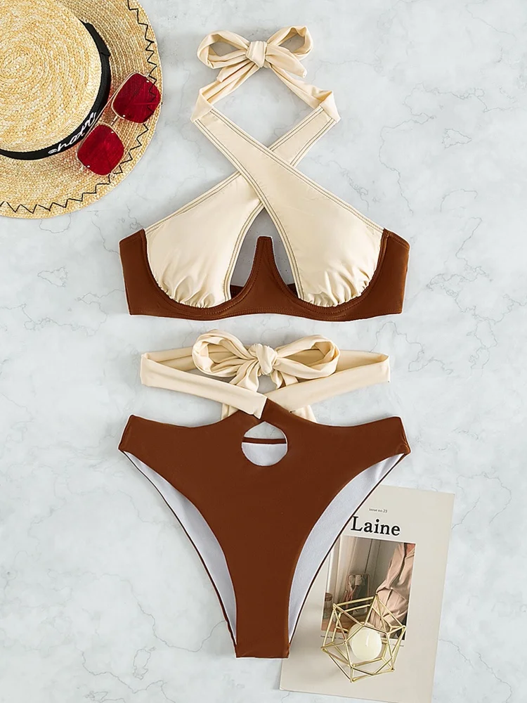 Женский купальник бикини новинка 2025 года однотонный комплект с лямкой на шее