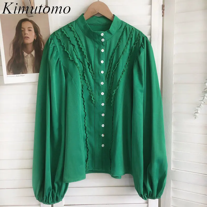 

Винтажная свободная однотонная кружевная строченная рубашка Kimutomo, женский элегантный полувысокий воротник, с одной грудью, с пышными рукав...