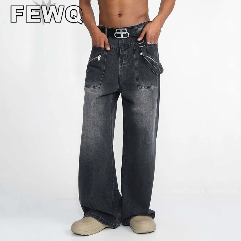 

FEWQ Straight Jeans High Street Men's Denim Trousrers Y2k Lace-up Male Vintage Pants Korean Fashion 2023 Summer Tide New 24B2342