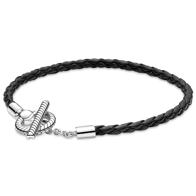 Authentic 925 Sterling Silver Moments Braided Leather T-bar Bracelet Bangle Fit Bead Charm Diy Fashion Jewelry