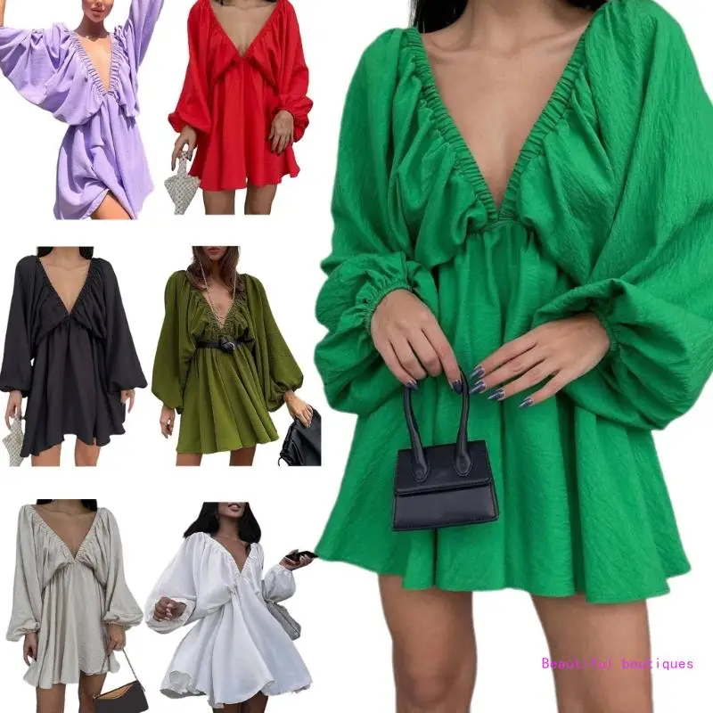 

Womens Solid Long Sleeve High Waist Wrap A-line Dress Deep V-neck Mini Dress for Party Casual Solid Dress DropShip