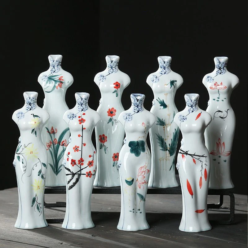 Неоклассический китайский Cheongsam из селадона, ручная роспись, керамическая подставка для цветов, гидропонное устройство для сухих цветов, украшение для стола (art.: 3920ccb586b45) - 3920ccb586b45
