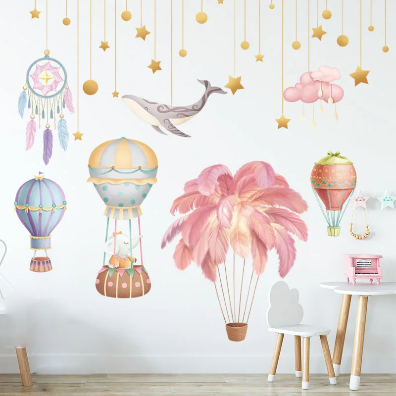 Cartoon Big Ins Hot Air Balloon Feather Pink Wall Stickers for Kids Room Decoration Stickers Nursey Wall Painting Art Murals images - 6