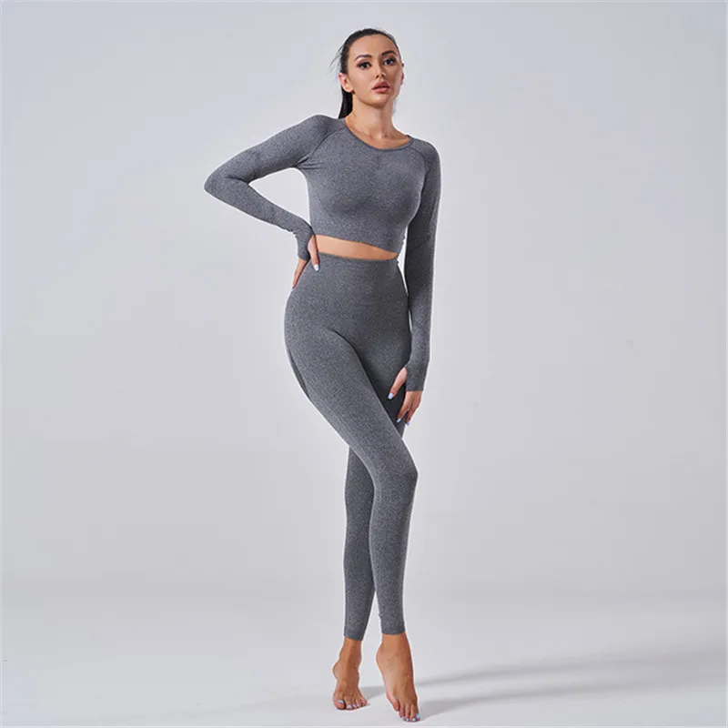 Женский бесшовный комплект для йоги из 2 предметов короткий топ с длинным рукавом