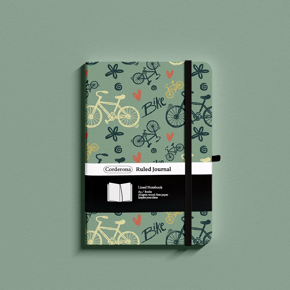 Vintage Bike Lined Executive Notebook Elastic Band A5 Hard Cover 100gsm Ruled Journal