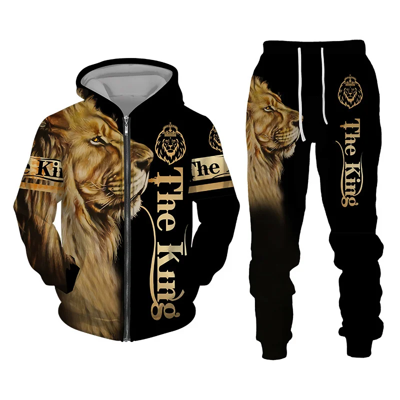 

Autumn and Winter Men's Tracksuit 3D Te Lion Print Zipper oodies Sweatsirts Pants Sets Casual Mens Clotin Women's Tracksuit