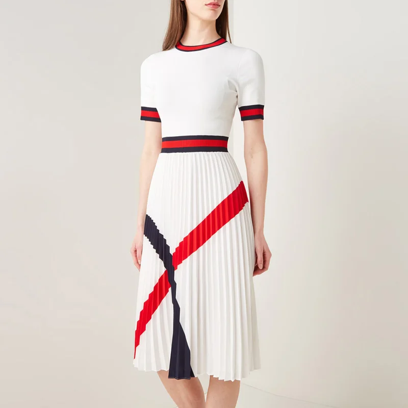 

Women Midi Elegant Dress 2021Autumn Winter New Fashion Design Knitting Spliced Orange Print Pleated Casual Vestidos