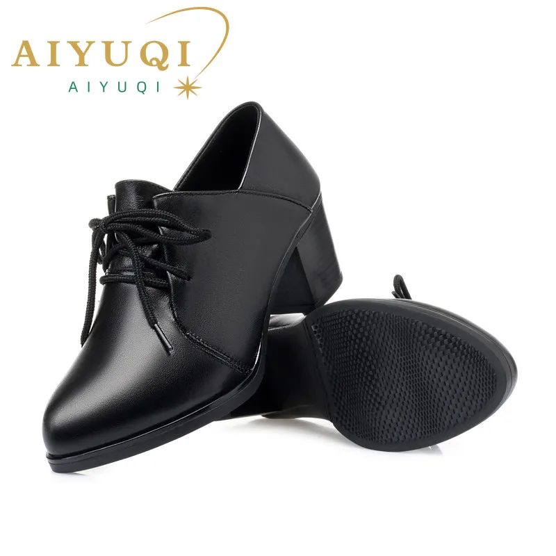 AIYUQI Women Office Shoes Genuine Leather Autumn Ladies High Heel Shoes Lace Up Ladies Shoes With Heels Fashion