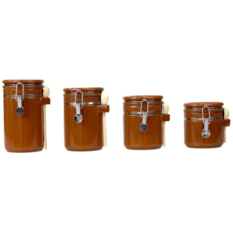 

4 Piece Ceramic Canisters with Easy Open Air-Tight Clamp Top Lid and Wooden Spoons, Black