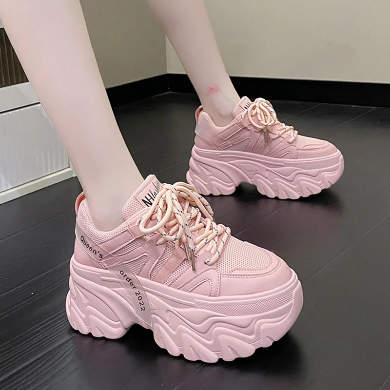 

Women's Pink Chunky Sneakers Platform Sports Shoes Lace Up Thick Sole Loafers Casual Shoes Zapatillas Deportivas Para Mujer