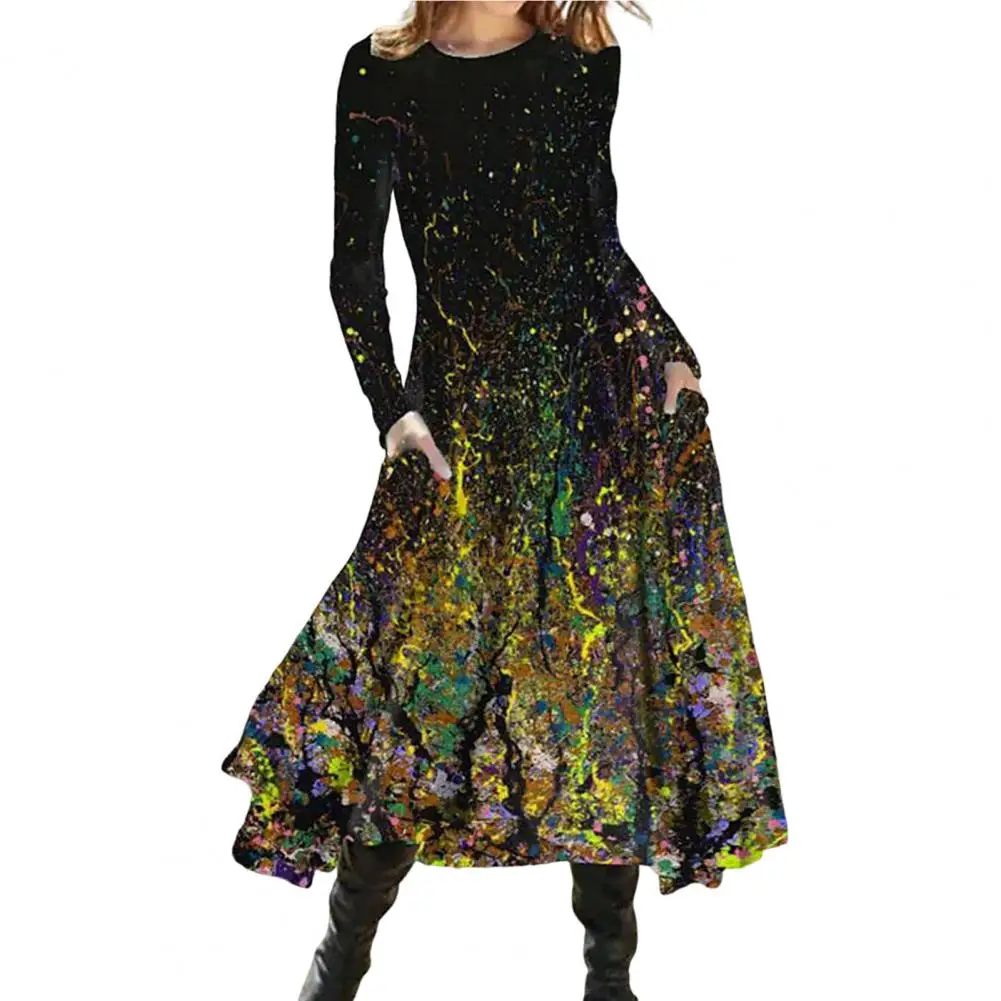 

Autumn Winter Women Midi Dress Gradient Print Evening Party Crew Neck Pullover Large Hem Mid-length Dress Vintage