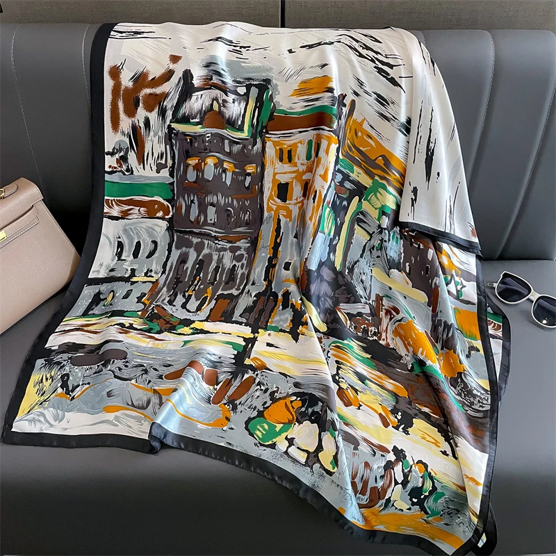 

Luxury Brand Silk Scarf For Women Large Shawl Hijab Camellia Design Satin Smooth Foulard Female Silk Versatile Beach Towel
