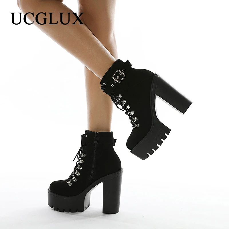 

Женские ботинки на толстой подошве, однотонные ботильоны с квадратным носком, украшенные ремешком и пряжкой, на шнуровке, на высоком каблук...