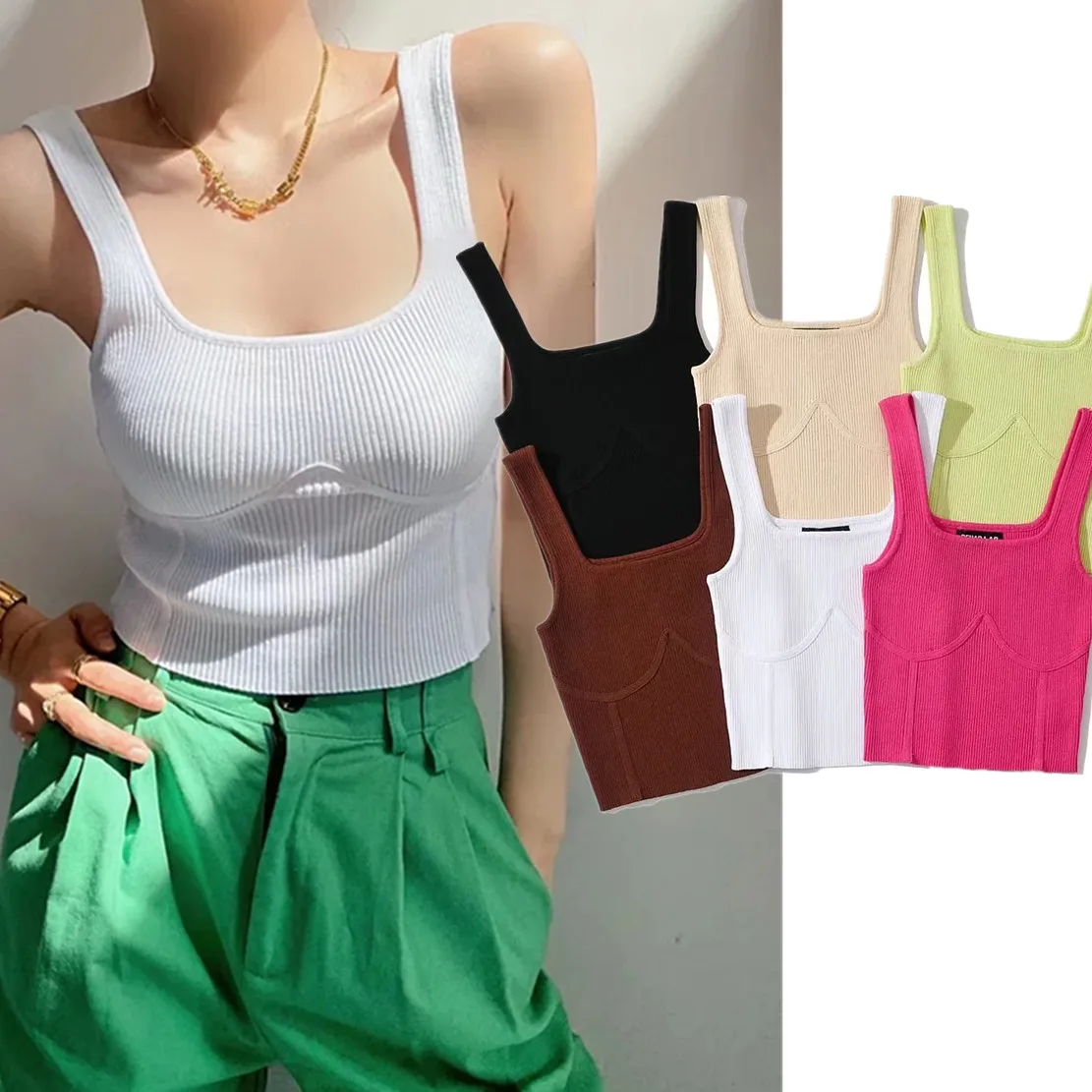

Maxdutti Knitted Camisole Colorful Summer Tshirts Women Ins Fashion Blogger High Street Retro Square Collar Short Tank Tops