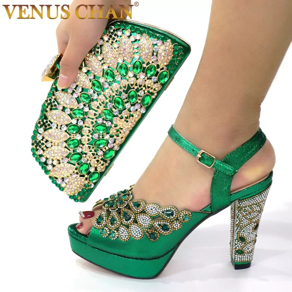 

2022New 2020 NEW GREEN With Print Desgin Shoes And Evening Bag Set Hot Sale Sandal Shoes With Handbag Heel Height 10.5CM