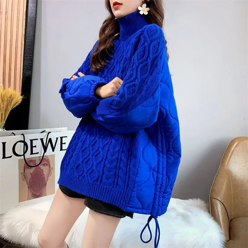 

Spliced Winter Super Warm High-neck Mid-length Women's Sweater New Loose Lazy Style Thick Top Coat