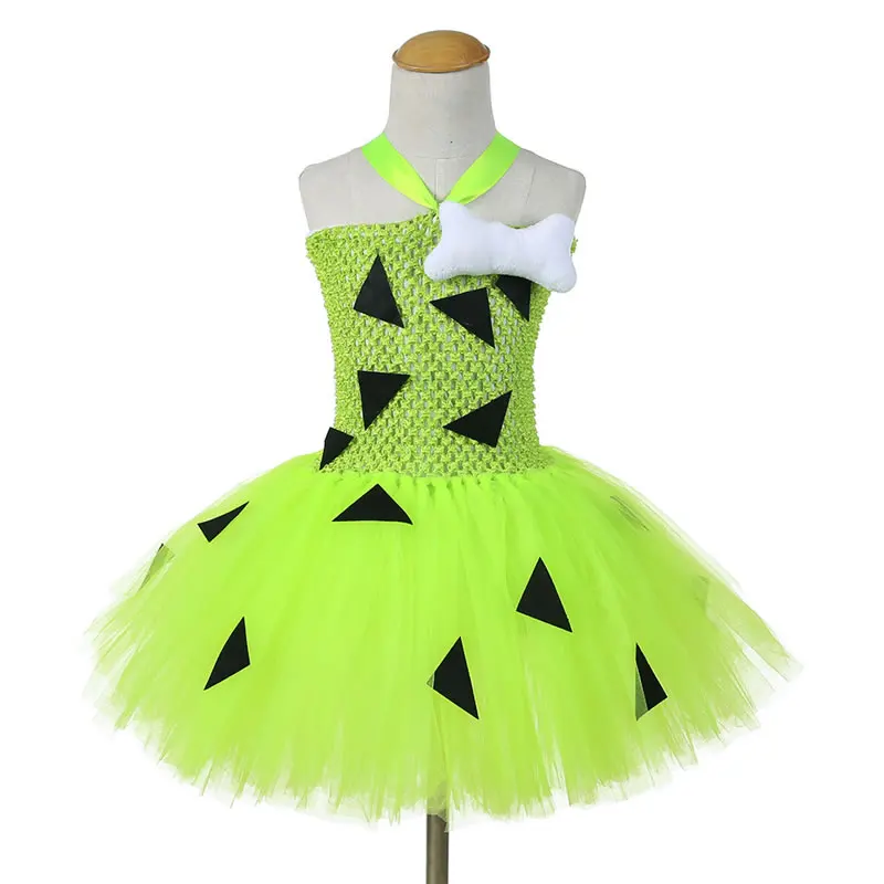 

Halloween Flintstones Bone Costume For Baby Girl Lace TUTU Dress Christmas Kid Up Sling Party Frock Children Tunic Clothes