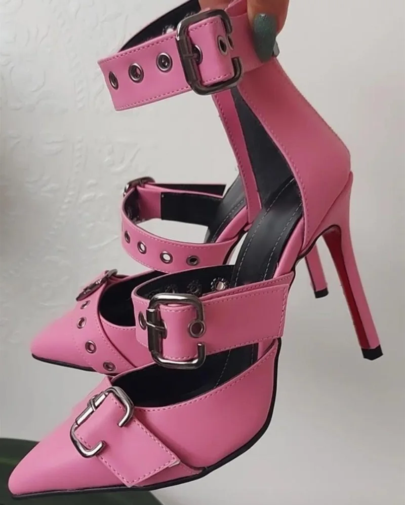 

Sexy Metal Belt Buckle High Heel Pumps Pointed Toe Pink White Matte Leather Belt Strap Stiletto Heel Dress Shoes Party Heels
