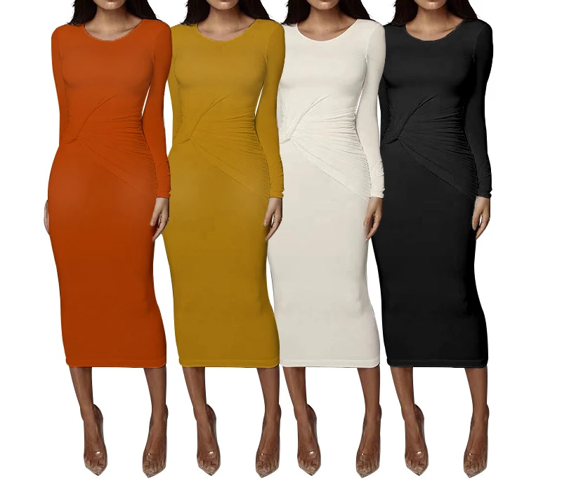 

Spring and autumn new solid color tight bag buttocks medium long women's slim slim long sleeve pleated dress female dresses lady
