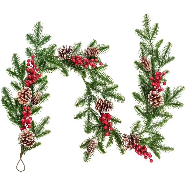 

5.1ft Artificial Christmas Pines Garland With Red Berry Branch Pines Cones Winter Greenery Sunflower Candle Ring Dog Door Hanger