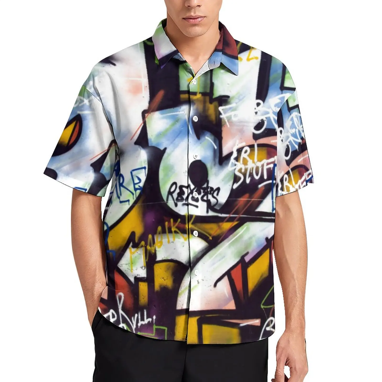 

Повседневная рубашка с принтом слов и искусства, Пляжная Свободная рубашка с красочным граффити, летние модные блузки, топы большого размер...