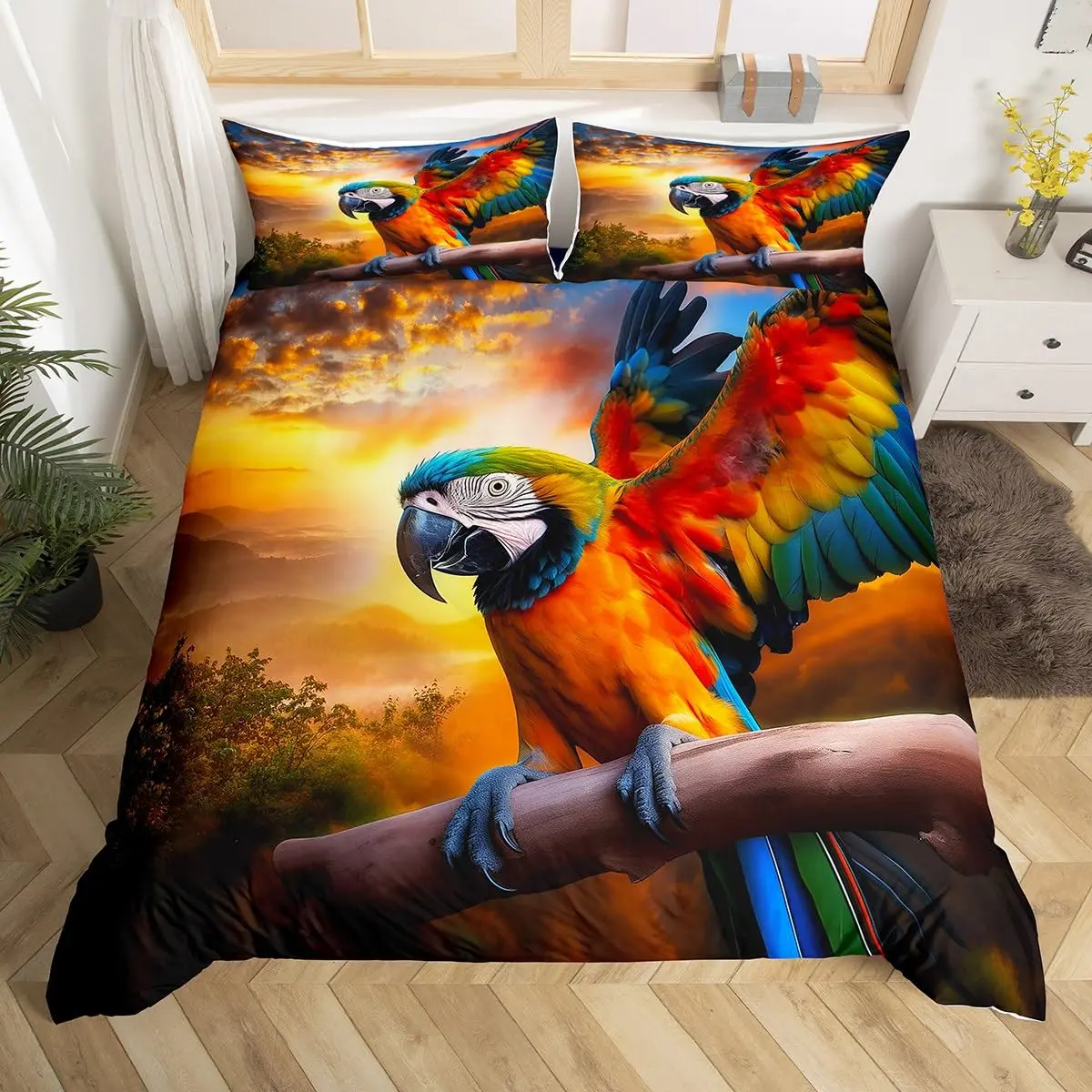 Фото Пейзажные пододеяльники для подростков и взрослых, пододеяльник Queen Dusk Orange Sunset с 2-мя наволочками, комплект постельного белья с романтическими закатами и птицами №2