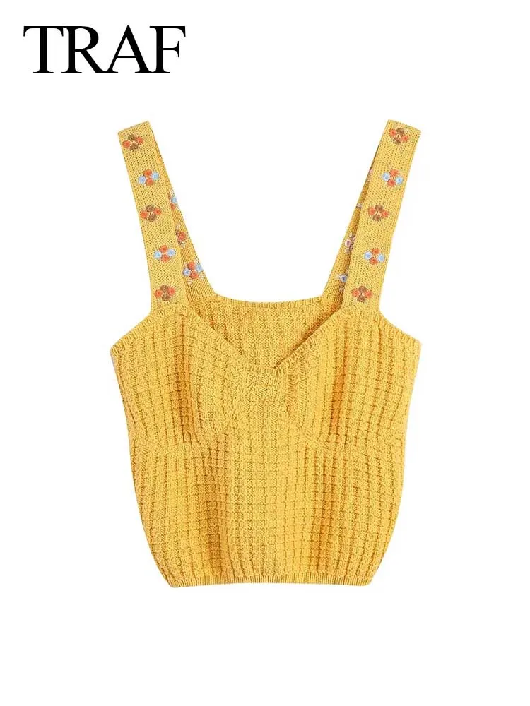 

TRAF 2022 Women's Elegant Camisole Sweater Vest Yellow Tube Top Flower Slim Fit Sexy Sleeveless Short Pullover Top Fashion Sling