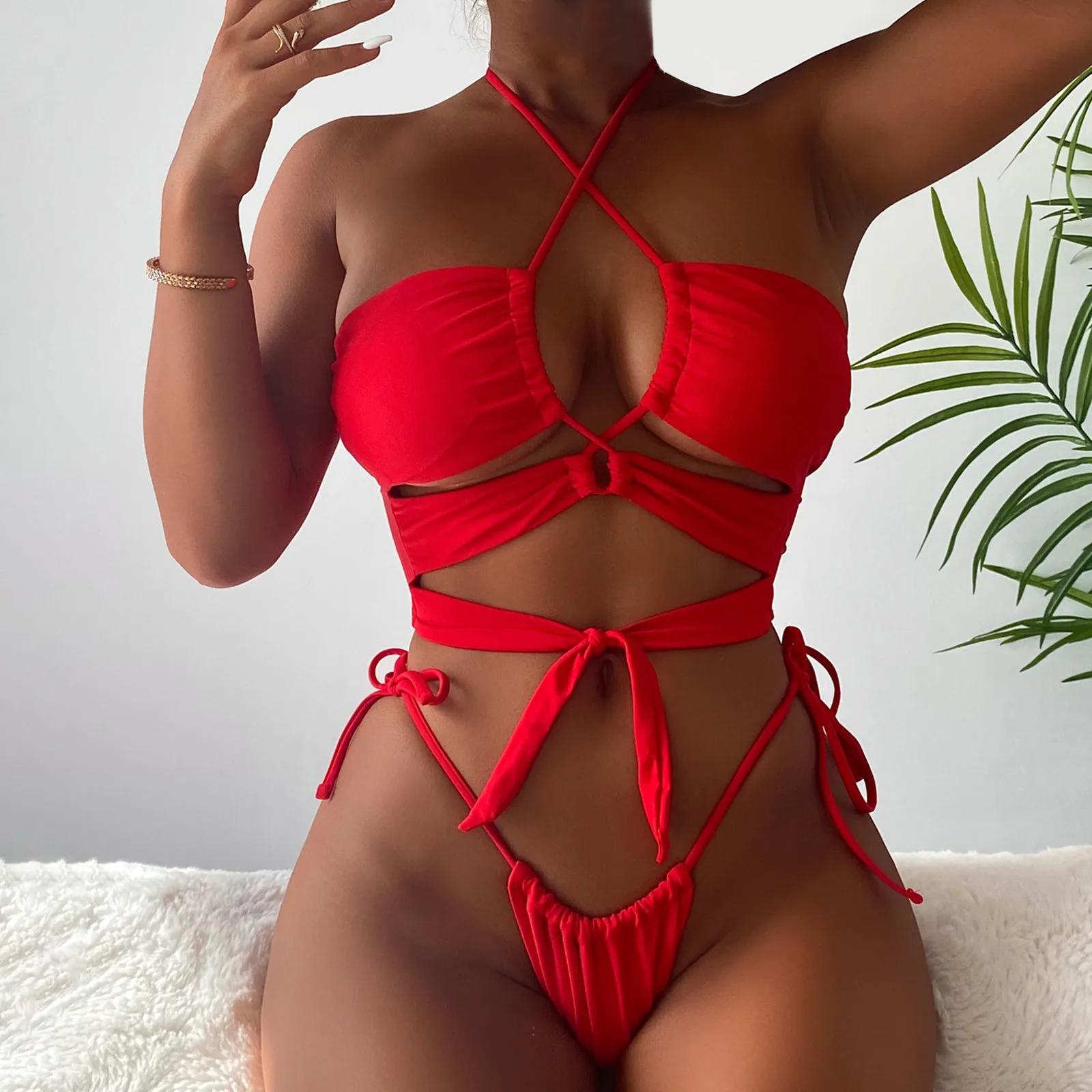 

Ladies Halter Bathing Suit Beachwear Vacation Beach Split Print Stitching Swimsuit Bikini Swimsuit Sexy Cross Bandage Купальник